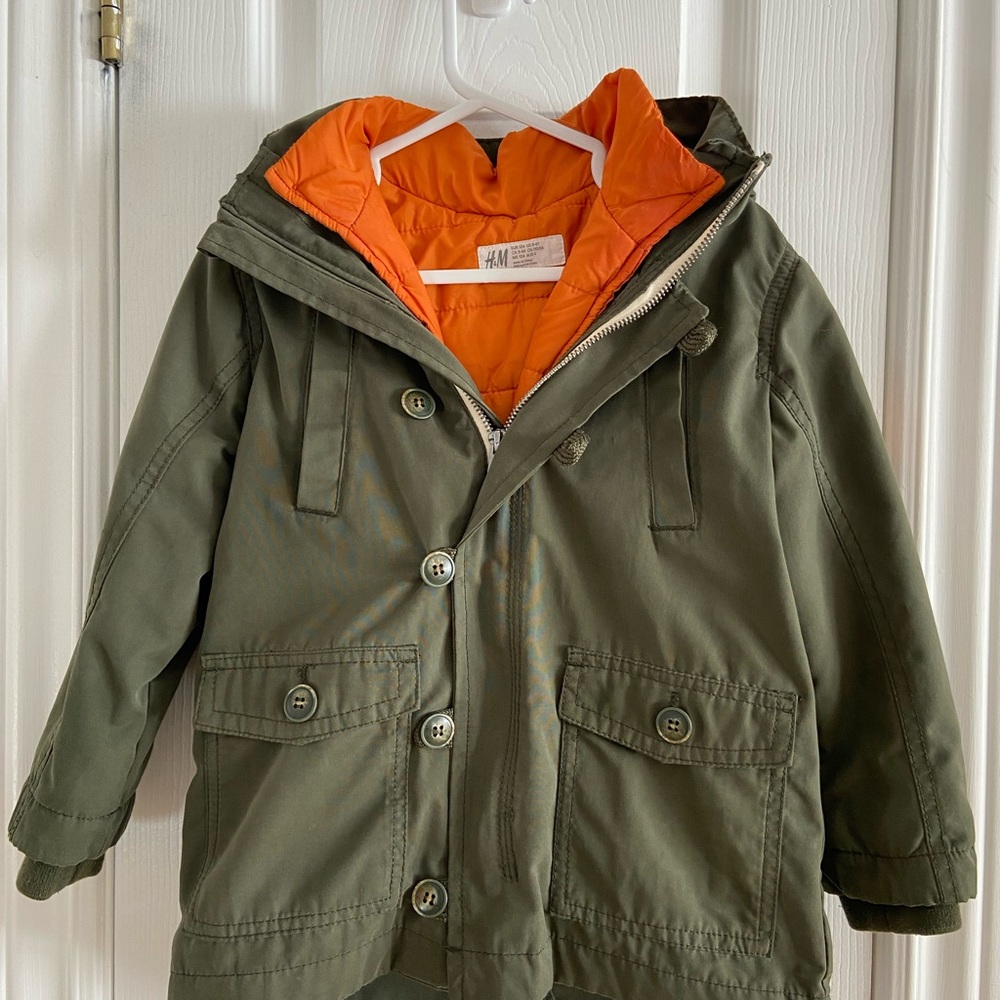 H&M Kids Olive Green Fishtail Parka Jacket Coat Detachable Orange Lining Sz 3/4